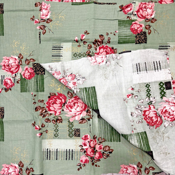 Vintage Mid Century Floral Barkcloth Fabric Green Pink Gold Details Remnants (2) - Picture 3 of 7